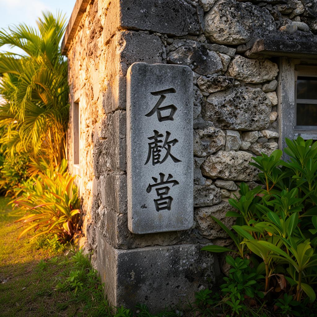 沖縄の家の角に設置された石敢當